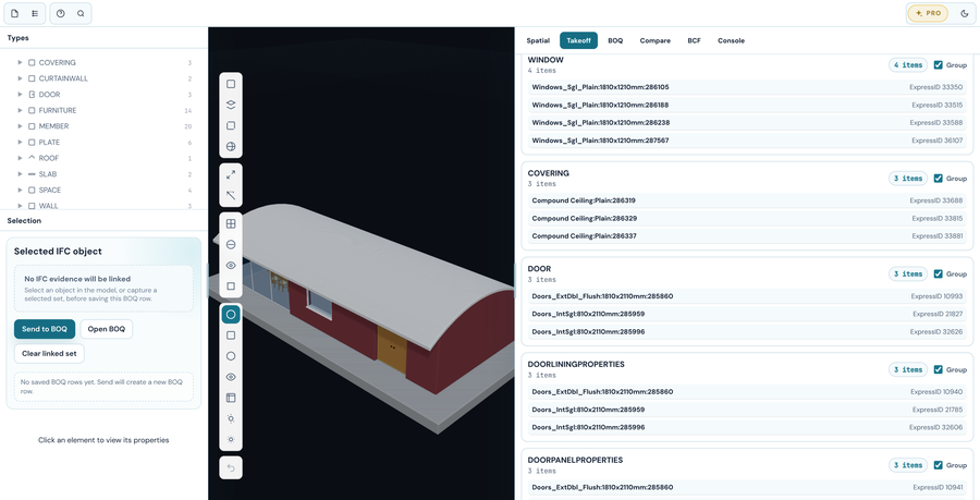BIM Explorer Pro quantity takeoff grouped by IFC type
