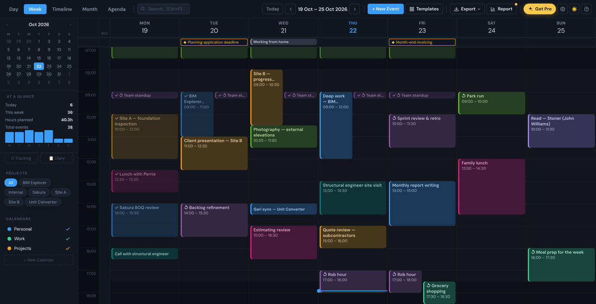 Calendar week view with projects