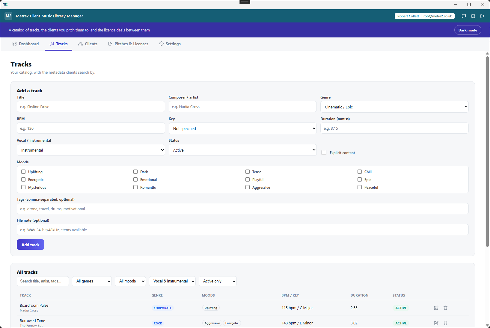 Tracks tab - add-a-track form with genre, mood tag grid, BPM, key and duration, and the searchable/filterable catalog table