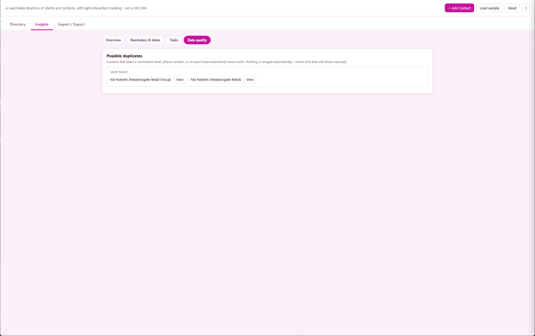 Metre2 Customer Contact Book's Data quality subtab showing the possible duplicates panel