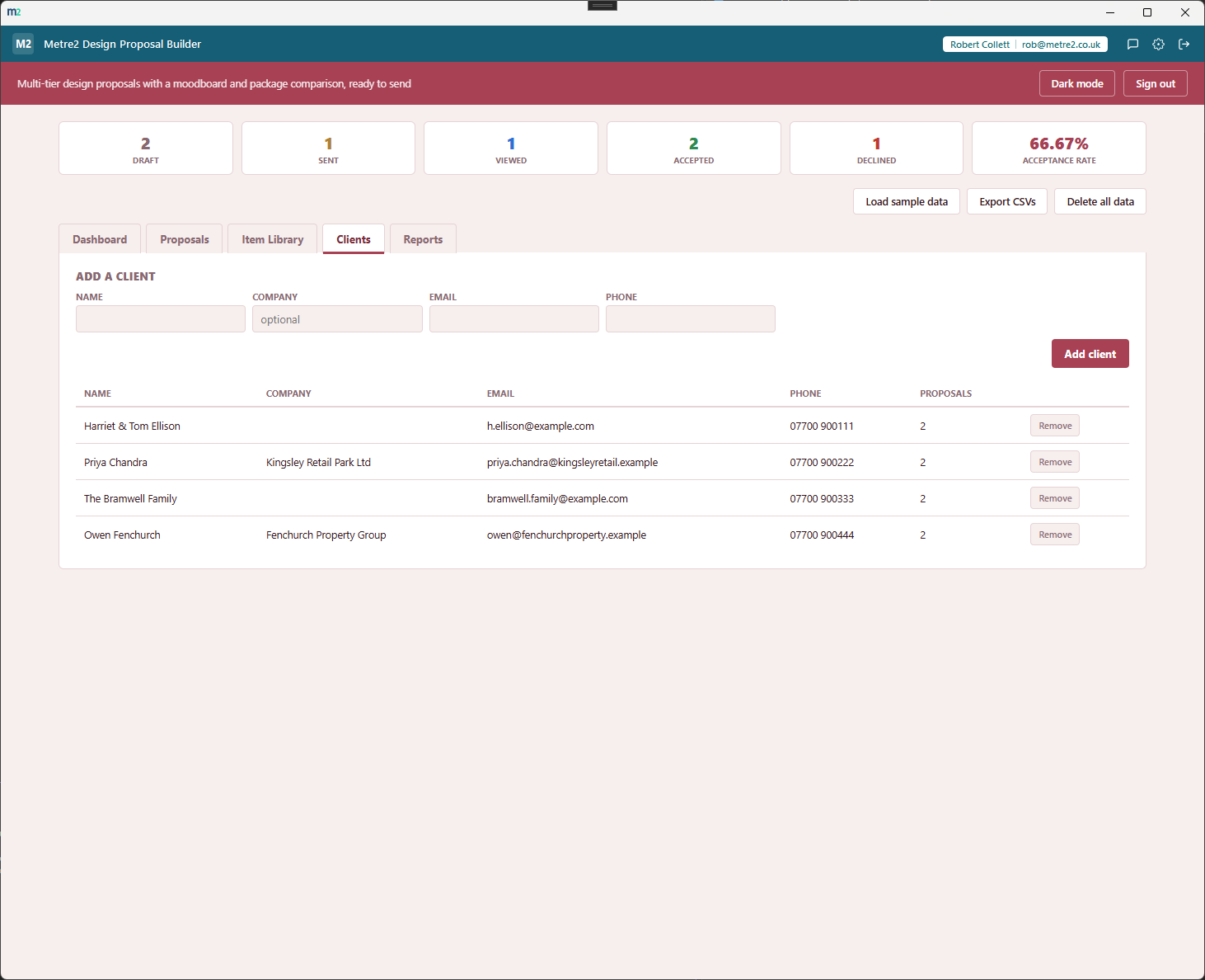 Metre2 Design Proposal Builder's Clients tab showing a list of clients with contact details and proposal counts
