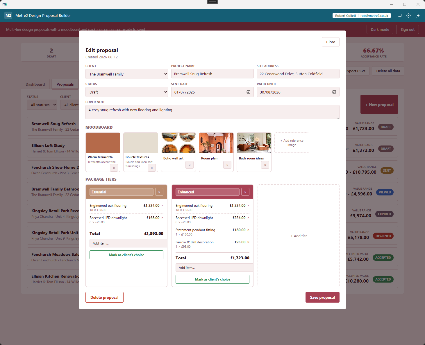 Metre2 Design Proposal Builder's Edit proposal view showing the moodboard and Essential/Enhanced package tiers side by side