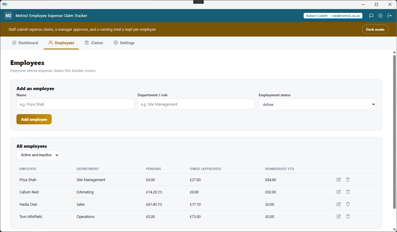 Employee Expense Claim Tracker's Employees tab showing every employee with pending, owed and reimbursed-year-to-date totals