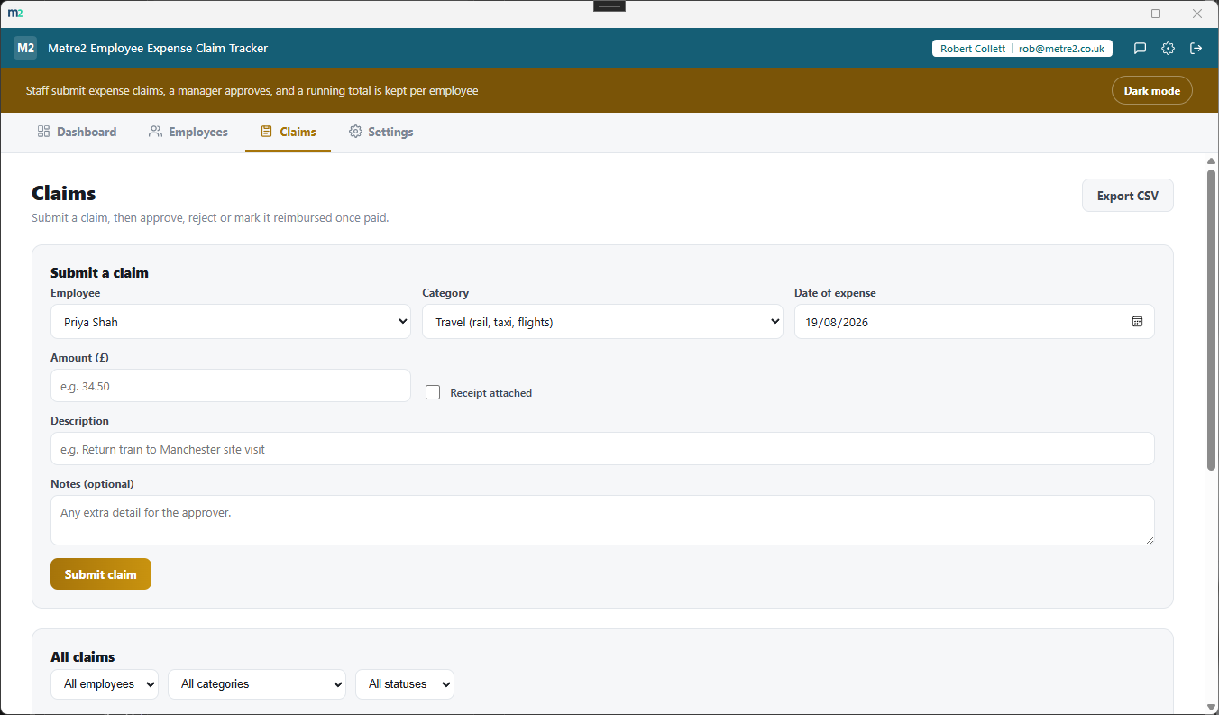 Employee Expense Claim Tracker's Claims tab showing the submit-a-claim form with employee, category and date fields