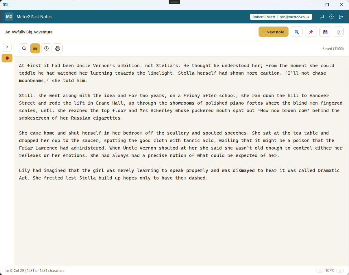 Light theme note with the tab rail and status bar visible