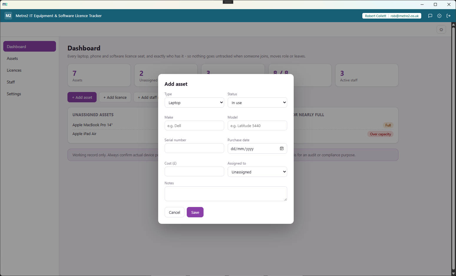 The Add asset dialog with fields for type, status, make, model, serial, purchase date, cost and assignee