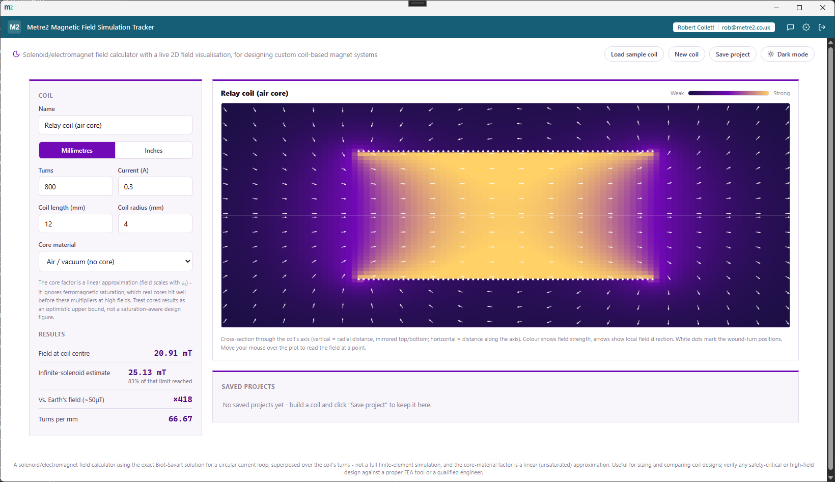 Metre2 Magnetic Field Simulation Tracker showing a relay coil (air core) configured in the rail on the left and its live 2D field visualisation with quiver arrows on the right