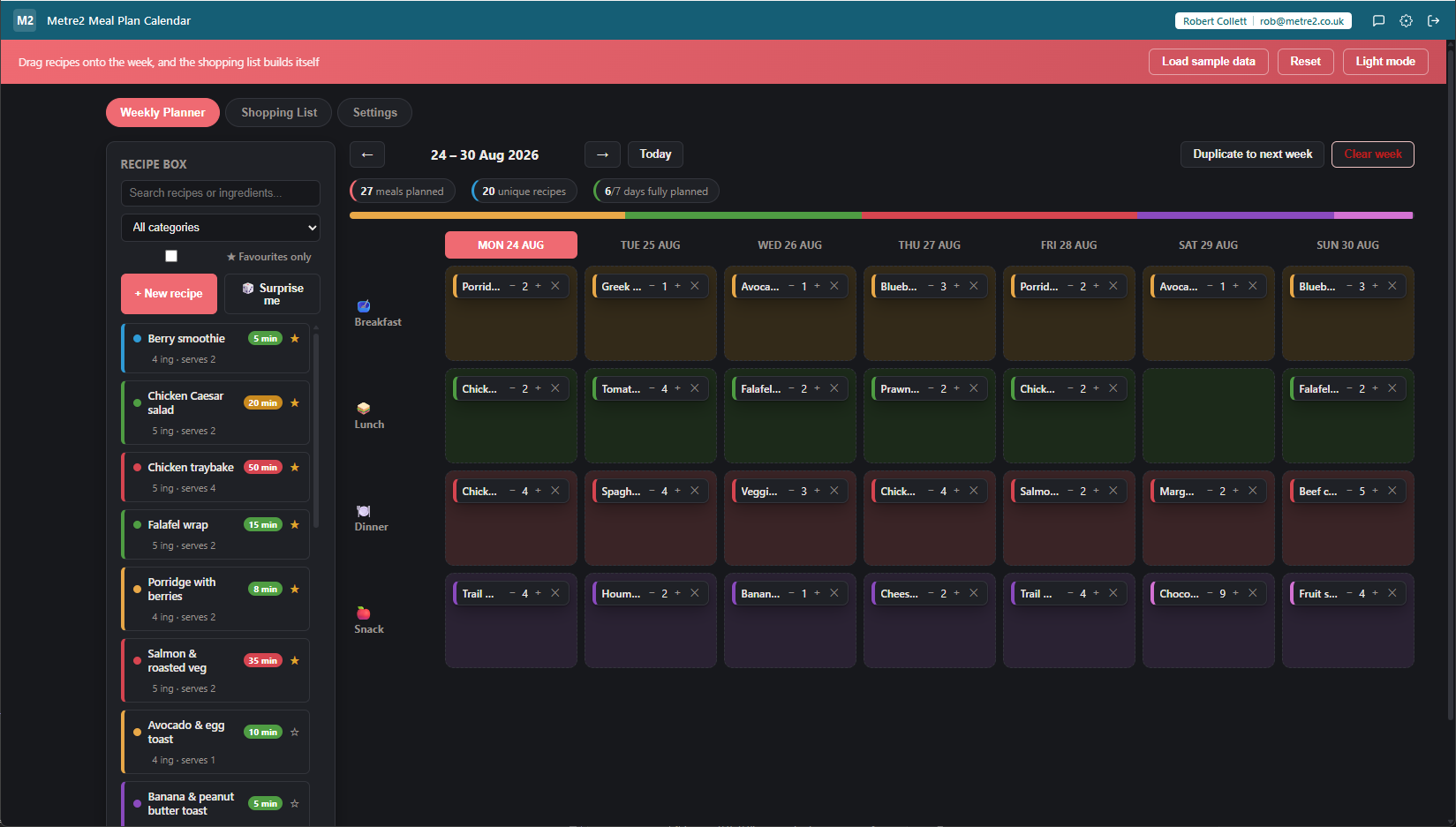 Metre2 Meal Plan Calendar Weekly Planner tab in dark mode showing a searchable recipe box on the left with favourite stars and prep-time badges, a category colour bar, and a seven-day drag-and-drop meal grid with recipe cards dropped onto most day/slot cells
