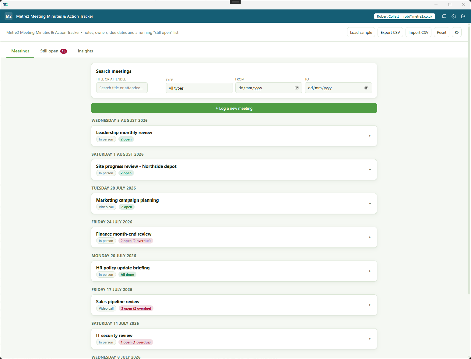 Metre2 Meeting Minutes & Action Tracker showing meetings grouped by date, most recent first, with a tab bar for Meetings, Still open and Insights