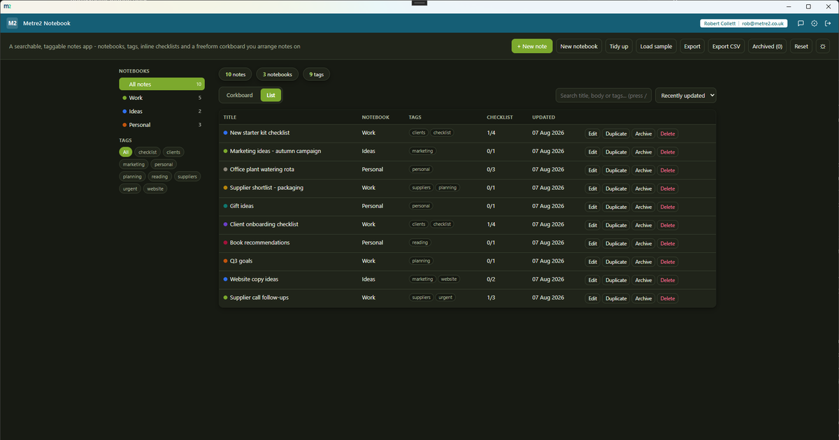 The list view - a conventional searchable, filterable, sortable table of notes