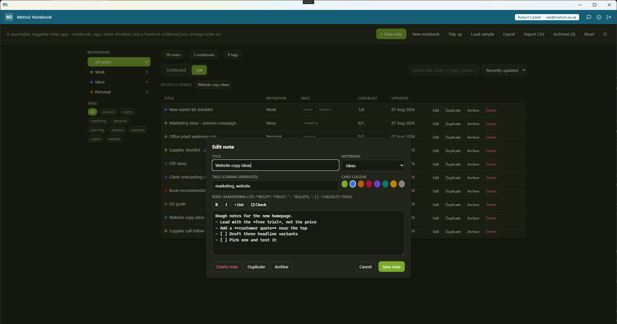Editing a note with a markdown-lite toolbar, notebook and tag fields, and an inline checklist