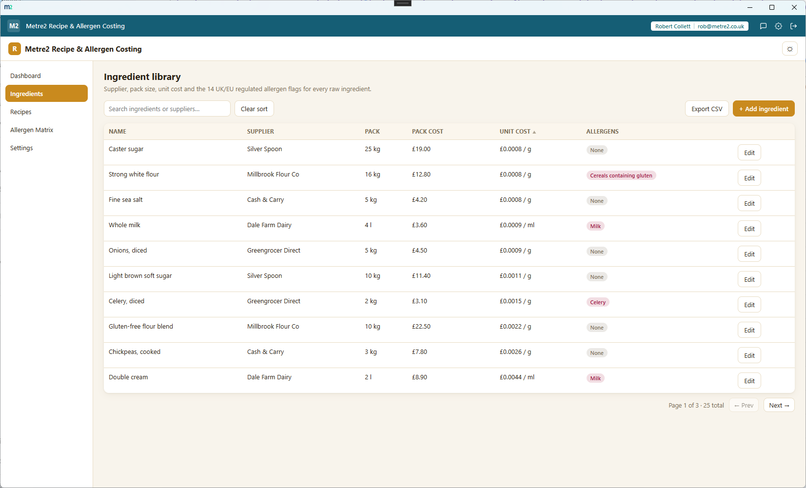 The ingredient library, showing supplier, pack size, pack cost, unit cost and allergen flags, sortable and paginated