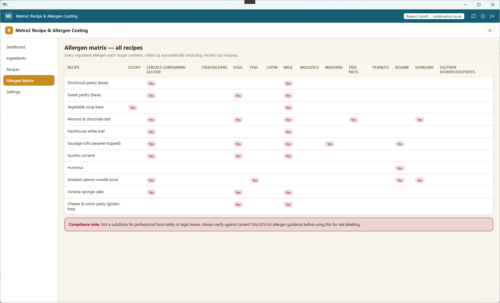 The automatic allergen matrix with a visible compliance disclaimer banner