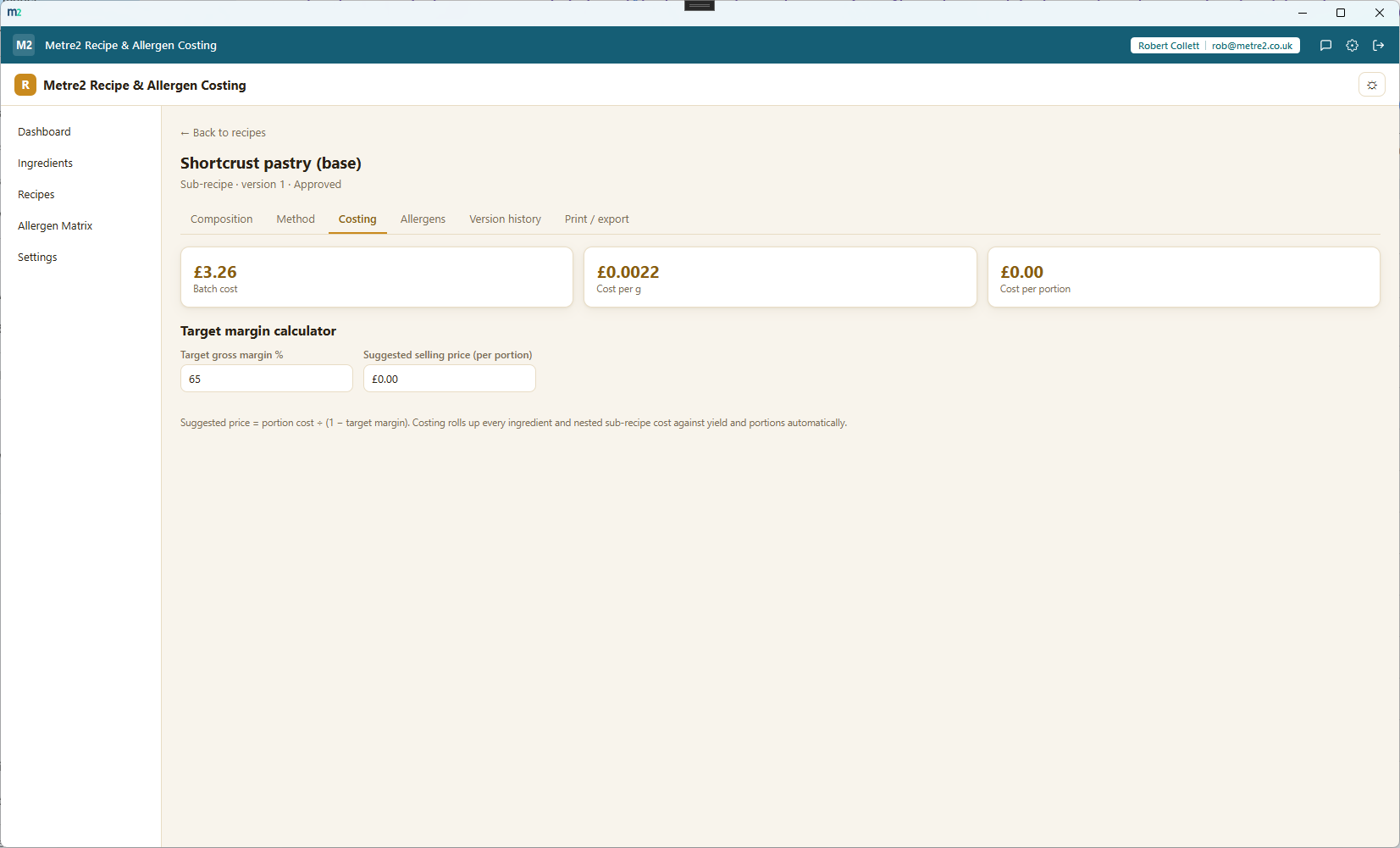 The costing tab, showing batch, unit and portion cost cards and a target-margin selling price calculator
