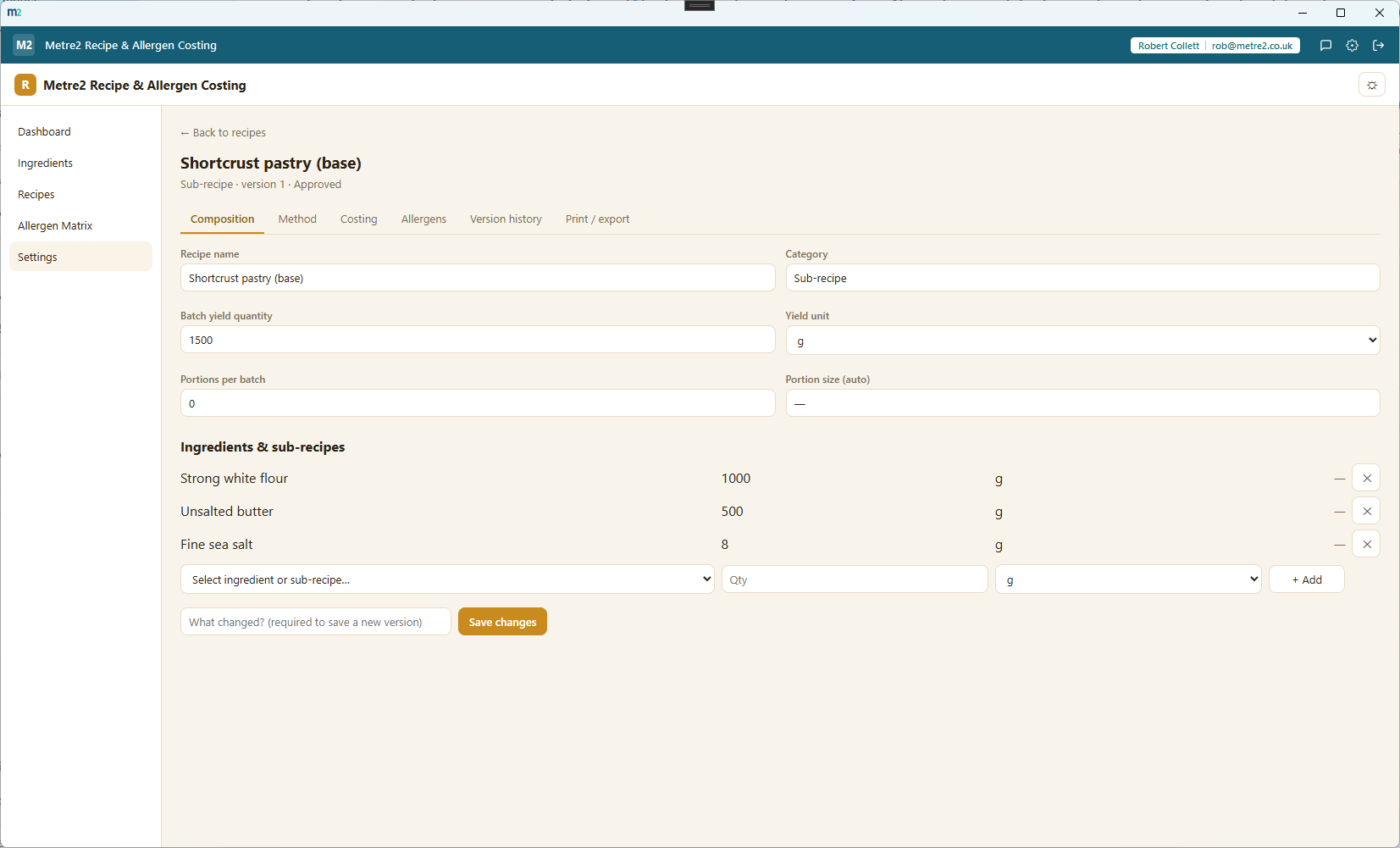 The composition tab for a sub-recipe, showing yield, portions and the ingredient/sub-recipe builder