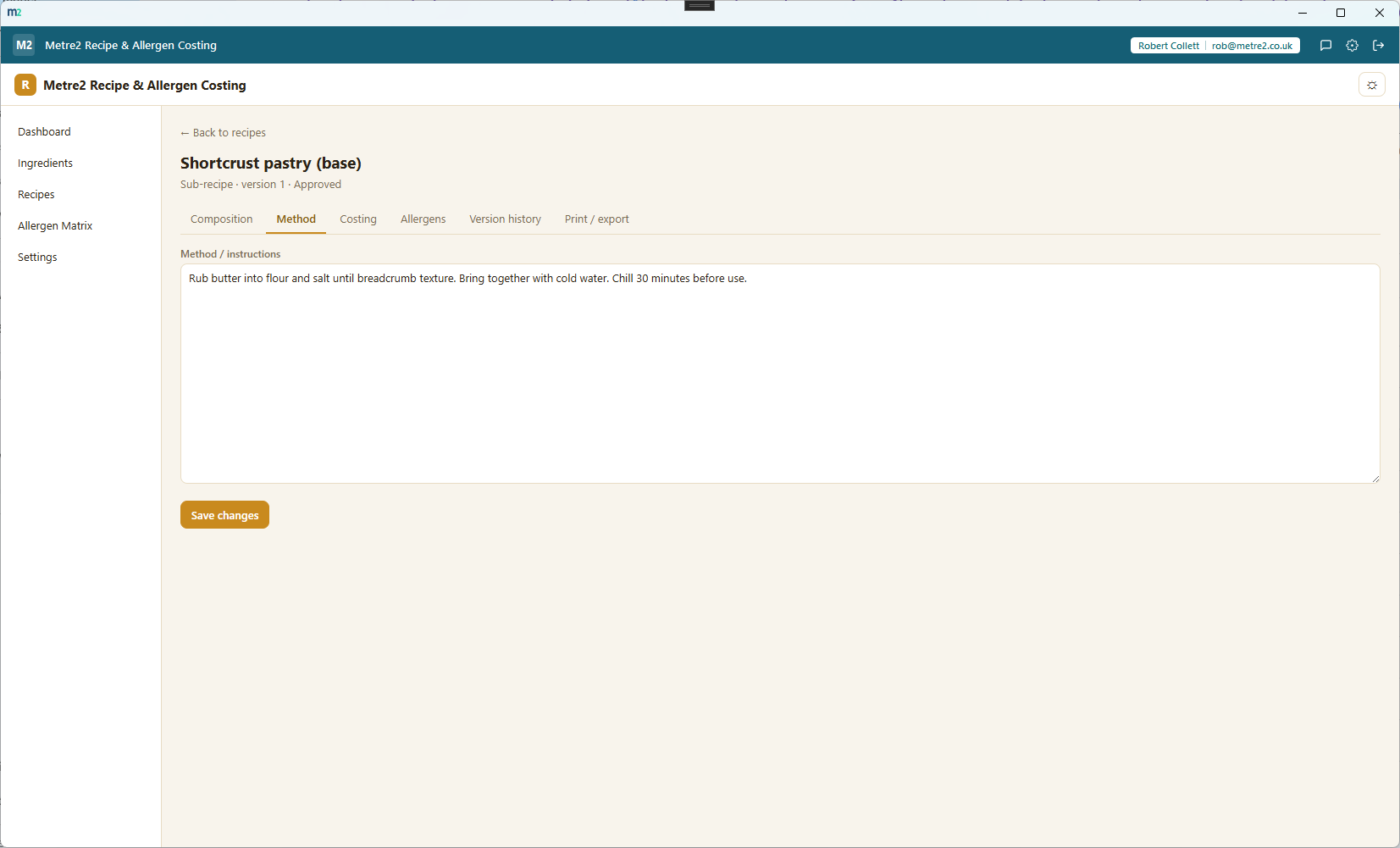 The method tab, showing free-text preparation instructions for a recipe