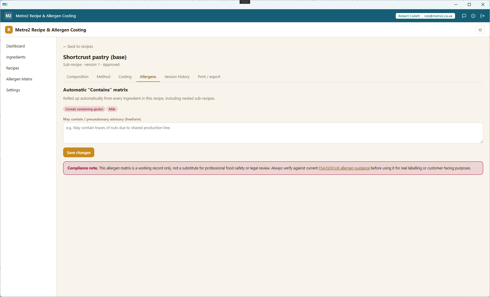 The allergens tab, showing the automatic contains matrix and a freeform may-contain advisory field