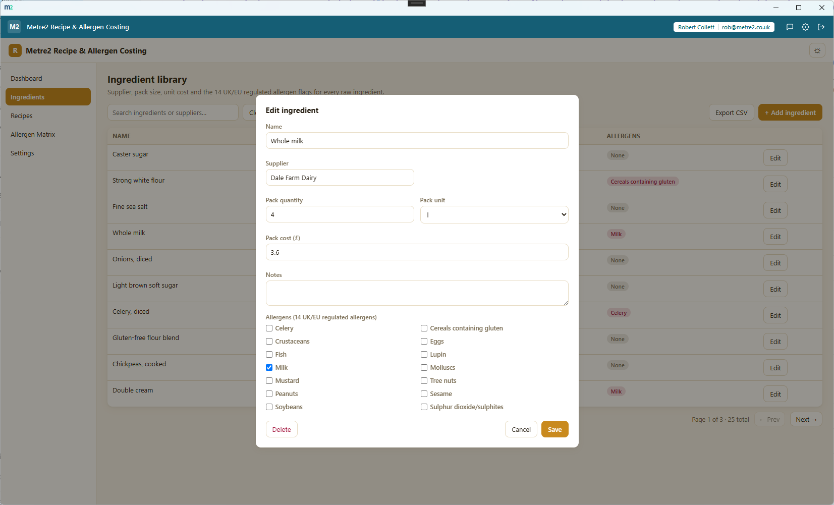 The edit ingredient modal, showing name, supplier, pack size, pack cost and the 14 allergen checkboxes