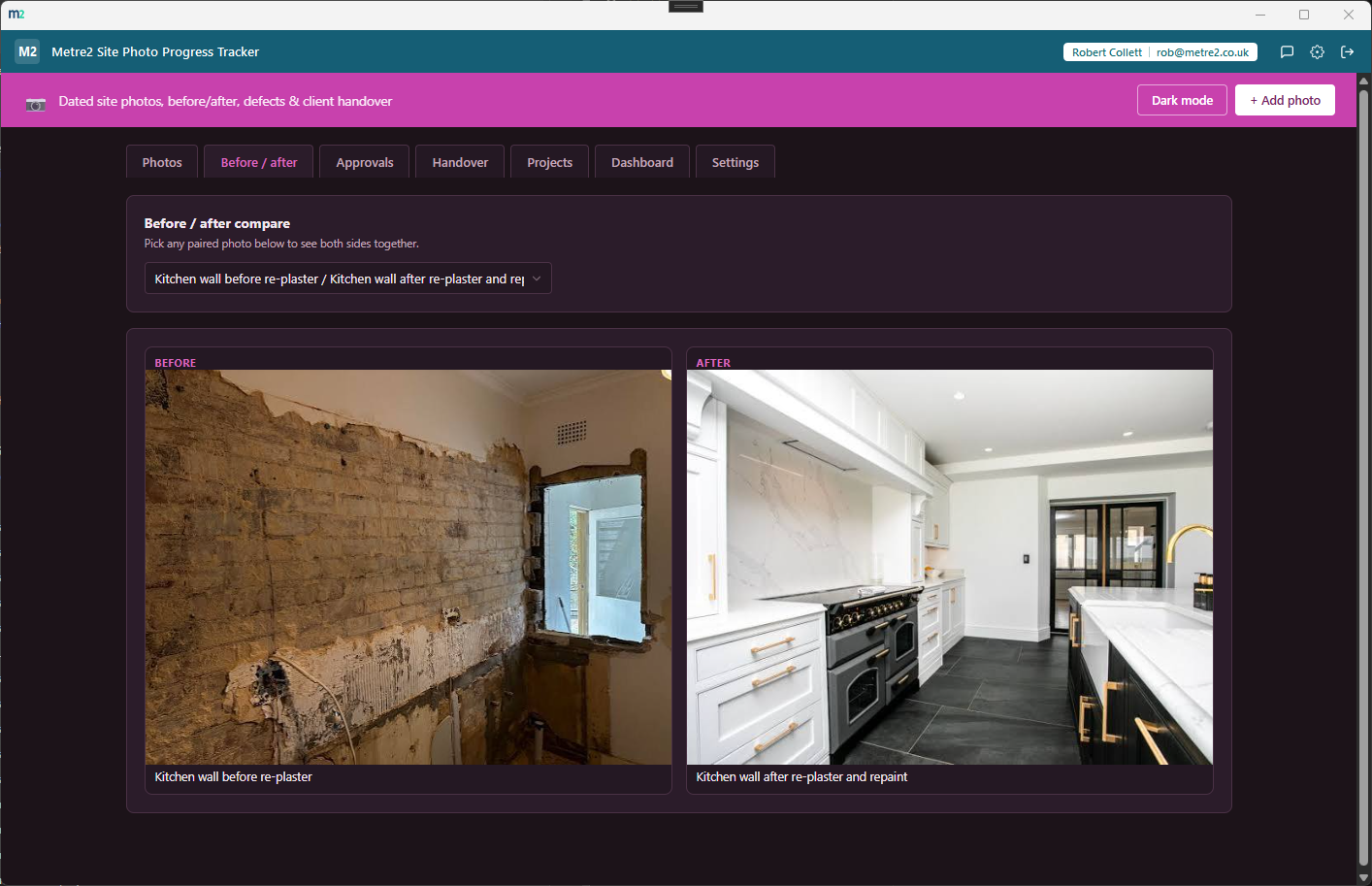 Metre2 Site Photo Progress Tracker's Before / after tab showing a before photo and after photo side by side