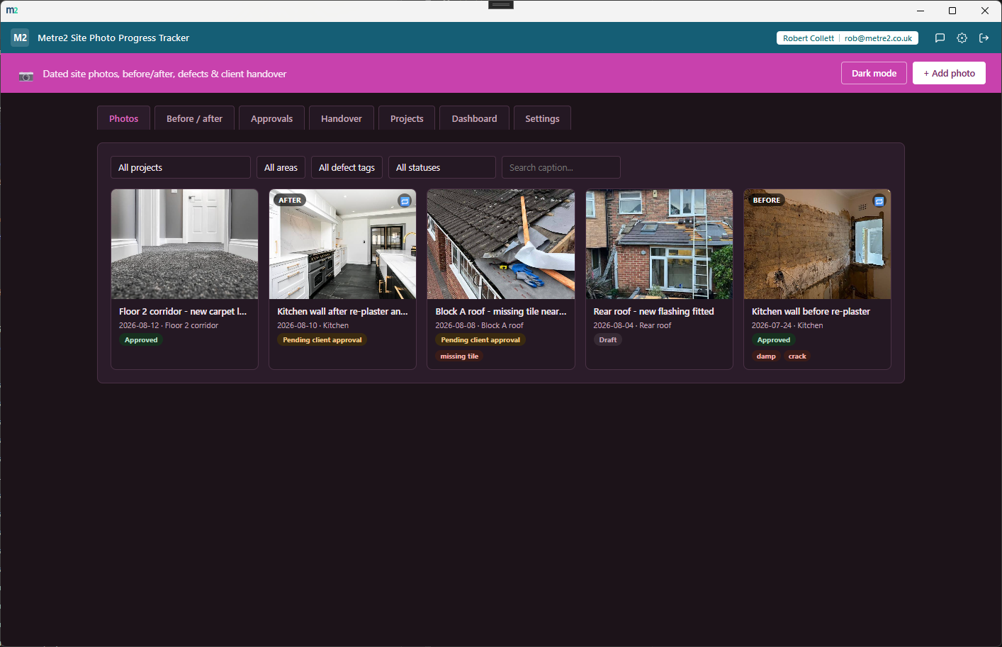 Metre2 Site Photo Progress Tracker's Photos tab showing a gallery grid of dated site photos with role tags and approval status pills