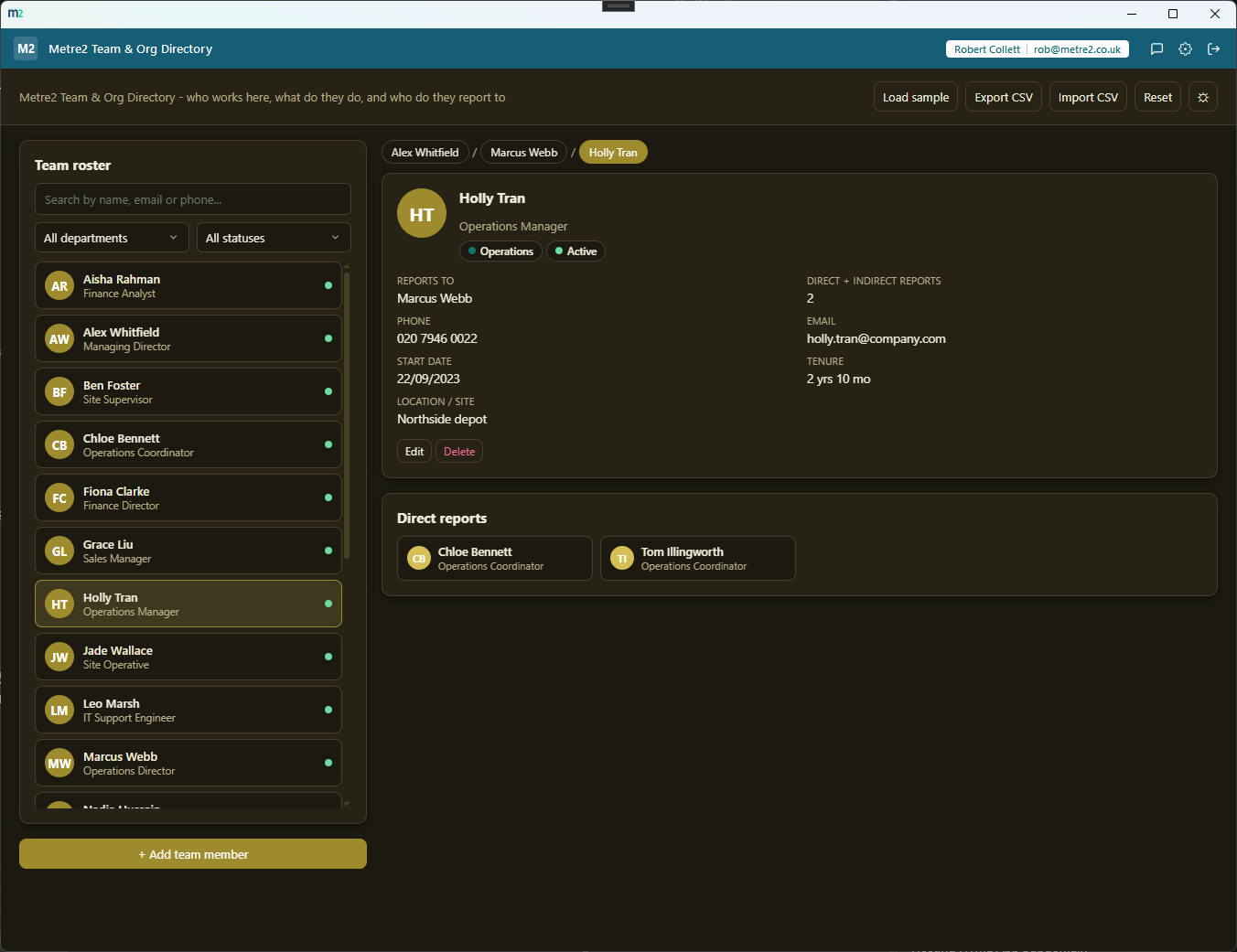 Metre2 Team & Org Directory showing the two-pane layout with the roster on the left and a team member's profile and reporting chain on the right