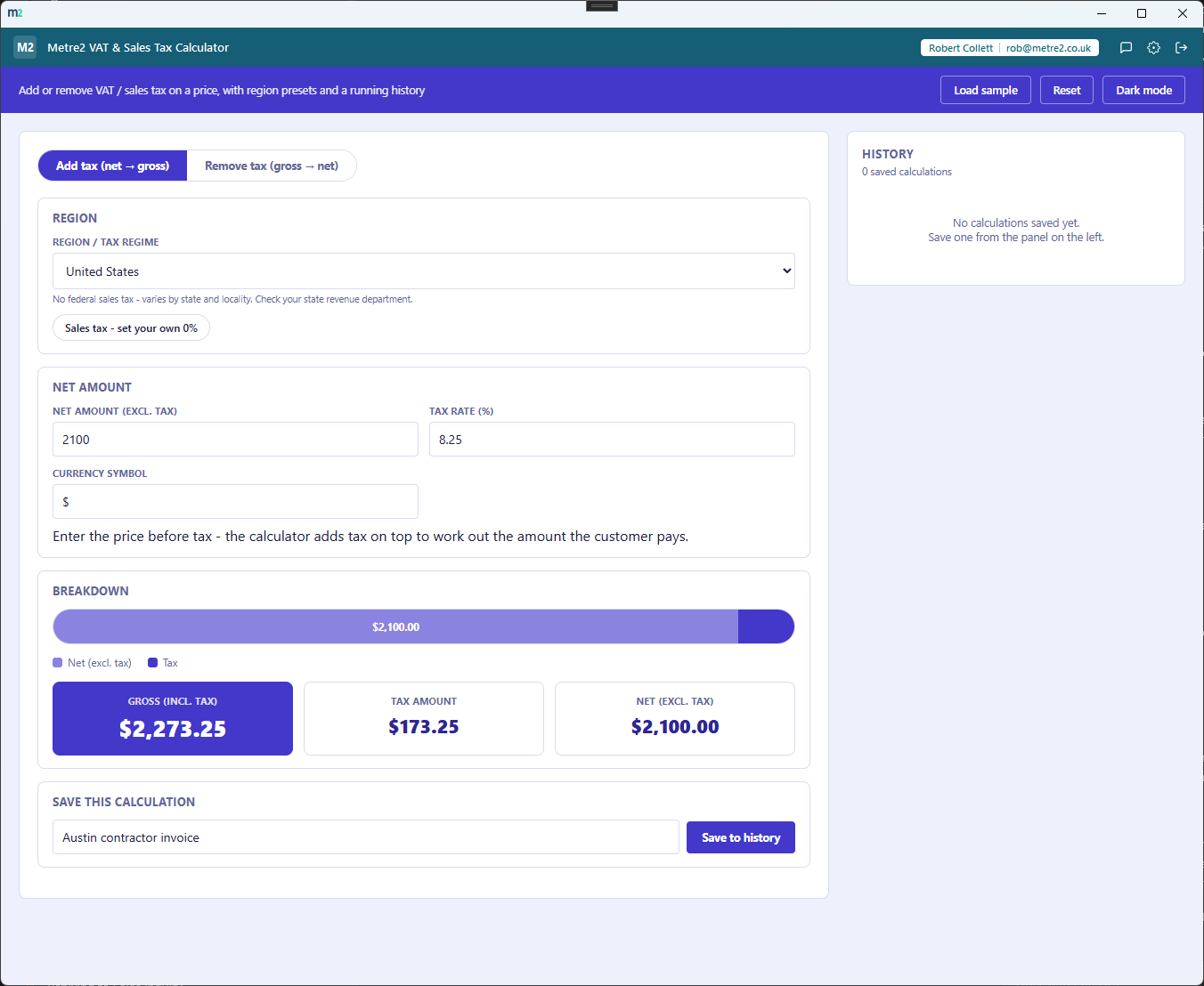 Metre2 VAT & Sales Tax Calculator's Add tax mode, United States region selected, showing a net amount with sales tax added to work out the gross price