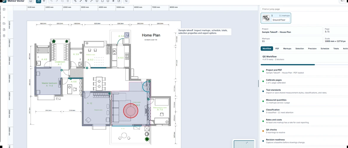 Vector takeoff workspace showing measured quantities against a PDF drawing